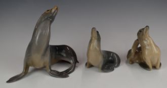 Royal Copenhagen Sealion no 2127 and Sealion no 4441 and Bing & Grondahl Sealion no 1733, tallest