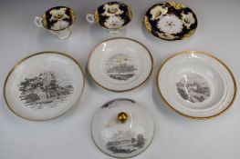 Coalport teaware decorated with landscape cartouches, and a small collection of Spode En Grisaille