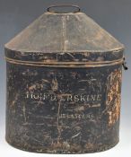 British Army 9th Lancers metal hat storage box named Hon D Erskine, 9th Lancers, height 50cm