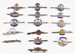 Sixteen silver and enamel, silver and metal Infantry sweetheart brooches including Gloucestershire