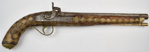 Eastern percussion hammer action pistol with engraved lock and hammer, all over applied brass