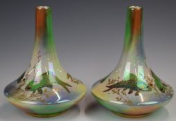 Pair of Crown Devon Fieldings pedestal lustre vases decorated with fish, height 16cm