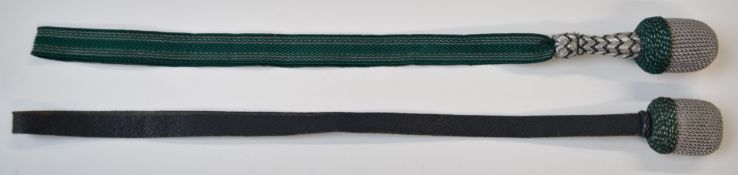 Two WW2 German green and silver bullion knots, one with leather strap the other cloth and bullion