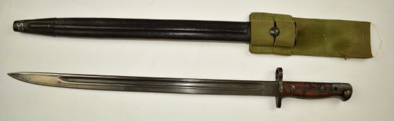 Australian 1907 pattern bayonet with good stamps, 43cm fullered blade, scabbard and frog. PLEASE