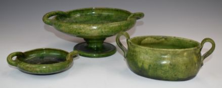 Farnham Art Pottery twin handled tazza and two dishes, largest diameter 22 x height 9cm