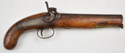 Percussion hammer action service pistol with engraved hammer, brass trigger guard, ramrod and mounts