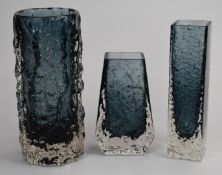 Three Geoffrey Baxter for Whitefriars glass vases comprising Nailhead, Coffin and Textured Bark, all