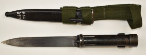 Belgian FN CAL bayonet stamped 293233 to hilt, with 17cm blade, scabbard and frog. PLEASE NOTE ALL
