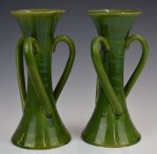 Farnham Art Pottery pair of flared vases each with three wrythen handles, height 21cm