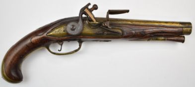 Continental flintlock holster pistol with engraved brass lock, brass trigger guard, butt plate and