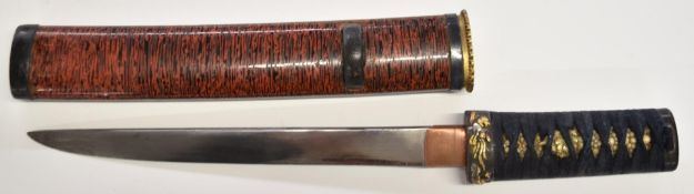 Japanese Tanto Samurai sword, signed, with rope twist to grip, 20cm blade and scabbard. PLEASE