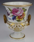 19thC Derby porcelain twin-handled pedestal vase with flower decoration and a pair of porcelain