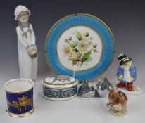 Crown Derby cabinet plate with botanical decoration, Copenhagen cat, Nao figure, Beswick and