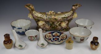 Zsolnay Pecs twin handled pierced jardinière with applied flower decoration, 19thC Chinese porcelain