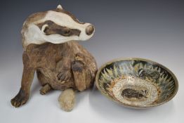 Ann Hobson studio pottery badger and a Llanbrynmar Pottery pedestal dish with badger decoration,