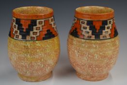 Pair of Charlotte Rhead for Crown Ducal Art Deco vases with geometric decoration, height 17.5cm