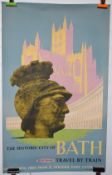 British Railways Bath travel poster, featuring a stone Roman head, Abbey and the Royal Crescent,