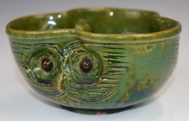 Farnham Art Pottery figural owl dish decorated with three owl faces, diameter 14 x height 7.5cm