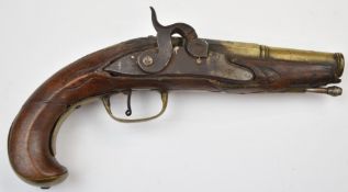 Percussion converted from flintlock hammer action coat pistol with carved decoration, vacant wrist