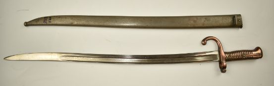 French 1866 pattern chassepot bayonet with coppered grips and crossguard stamped V21762, 57cm