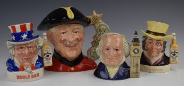 Four Royal Doulton character jugs and whisky containers including Chelsea Pensioner (D6817), John