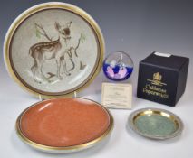 Royal Copenhagen three faience bowls/ dishes, one with fawn decoration, largest diameter 25cm and