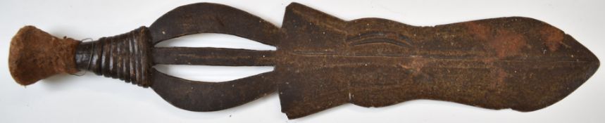 Tribal knife with wood binding and hessian to grip, 39cm blade. PLEASE NOTE ALL BLADED ITEMS ARE