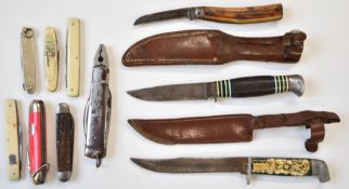 Ten various hunting and similar knives and multi-tools including Fagan, Saynor, Ulster Knife,