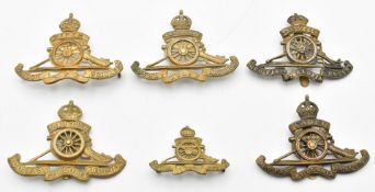 Six British Army Royal Artillery badges including 5th London Brigade RFA, Warwickshire Royal Horse