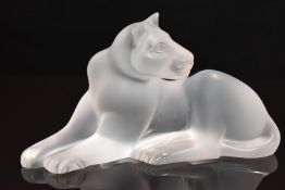 Lalique Simba frosted glass sculpture of a lioness, signed 'Lalique France' 25cm long.