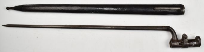 Austrian 1854 pattern socket bayonet stamped 64 to neck with 47cm cruciform blade and scabbard.