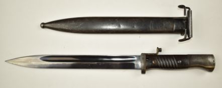 Norwegian German Mauser bayonet altered to fit US M1 Garrand, with 25.5cm fullered blade, scabbard
