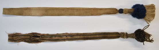 Two WW1 German bayonet knots, one blue wool and cloth and the other WW1 black and silver wool with