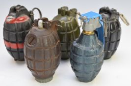 Five replica Mills bombs / hand grenades, all with pins, four with strikers