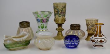 Nine glass vases, bowls, goblets and flower frogs including Kralik with iridescent and trailed
