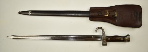French 1892 pattern Mannlicher Berthier bayonet with wooden grips and overlapping muzzle ring,