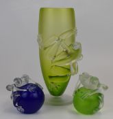 Three pieces of Iestyn Davies for Blowzone glass comprising a vase and two paperweights, all with