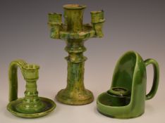 Farnham Art Pottery candelabra and two chambersticks, tallest 20cm