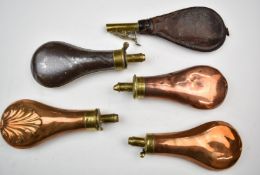 Five shot and powder flasks comprising a Sykes, G & DW Hawksley, James Dixon & Sons and one other