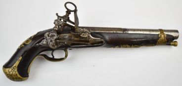 Continental miquelet flintlock belt pistol with engraved steel lock and hammer, engraved brass