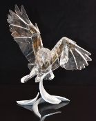 Swarovski Crystal Soulmates clear glass Snowy Owl on metal base, 30cm tall.