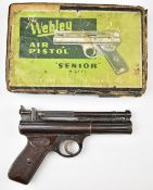 Webley Senior .22 air pistol with named and chequered Bakelite grips and adjustable sights, serial
