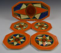 Clarice Cliff for Newport Pottery Bizarre cake plate, 15 x 30cm and four side plates with