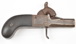 Miniature percussion hammer action pocket pistol with line engraved lock, wooden grips and 1 inch