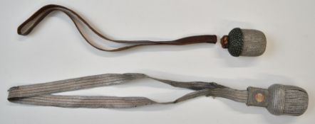 Two WW2 German bullion bayonet knots, one with green top and leather strap and the other cloth and