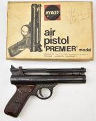 Webley Premier .22 air pistol with named and chequered Bakelite grips and adjustable sights,