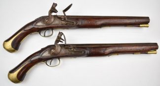 A pair of Sea Service style flintlock pistols, each with line engraved lock and hammer, brass