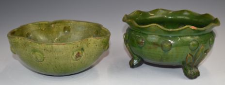 Farnham Art Pottery two pedestal and footed bowls with cabochon style decoration, 21cm x height