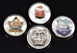 Four mother of pearl and enamel sweetheart brooches for HMS Victory, Canada, Queen Victoria's Golden