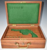 Smith & Wesson oak revolver storage box with fitted felt lined interior, brass handle, lock and key,